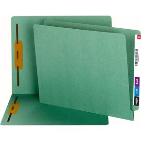 Smead 100% Recycled End Tab Fastener File Folder, 2 Fasteners, Shelf-Master Reinforced Straight-Cut Tab, Letter Size, Green, 50 per Box (34172)