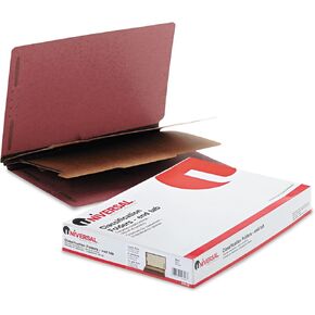 Universal Red Pressboard End Tab Classification Folders, 2" Expansion, 2 Dividers, 6 Fasteners, Legal Size, Red Exterior, 10/Box