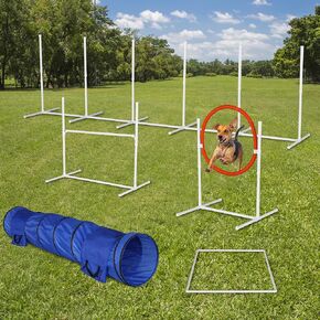 6-Pack Dog Agility Training Equipment Set with Adjustable Jumps and Tunnel, Indoor/Outdoor Use, Lightweight and Durable, White