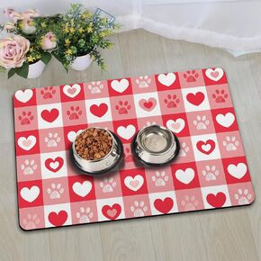 Dog Food Mats for Floors, Absorbent and Quick-Drying Pet Cat Food Mat,Anti-Fouling and Easy-to-Clean Pet Feeding Mat,Dog Bowl Mat for Messy Drinking Water Bowls.12 x20,Pink Heart