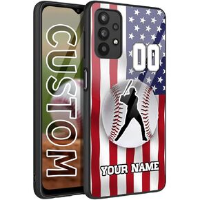 Personalized Baseball vs Name Number US Flag Decor Rubber Cover Phone Case for Samsung Galaxy A15/A25/A14/A54/A53/A03S/A02S/A12/A13/A32/A42/A51/A52/A71 Custom Baseball Phone case (Baseball batter)