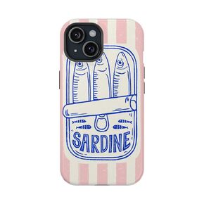 Sardine Phone Case for iPhone 16 15 14 13 12 11 Pro Max Mini, Tinned Fish Retro Aesthetic Cover, Cute Pink Stripe Kawaii Case for Girls & Women, 7/8‎ Black, S24 S23 S22 S20 A54