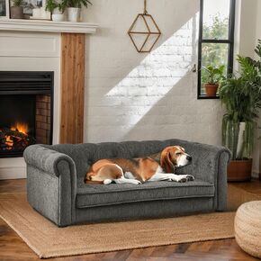 Elevated Large Dog Sofa with Backrest and Armrests, Button Tufted Dog Couch Bed with Soft Cushion for Medium and Large Dogs, Stylish Lounging Bed Pet Couch Chair, 80Lbs Weight Capacity, Dark Gray
