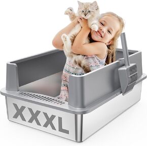 Extra Large Stainless Steel Litter Box with Lid, XXXL XXL Metal Litter Box for Big Cats & Kitty, 28"L x 20"W x 12"H Enclosed Cat Litter Boxes, Never Absorbs Odors, Anti-Urine Leakage, Easy Cleaning