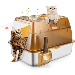 Extra Large Stainless Steel Litter Box with Lid, 28"L x 20"W x 17"H XXXL Enclosed Metal Cat Litter Box with Litter Scoop & Foot Pedal, Odor Control,Easy Cleaning for Big Cats, Multiple Cats
