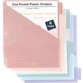 6-Tab Binder Dividers with Pockets, Binder Dividers with Tabs for 3 Ring Binder Letter Size, Durable Plastic Separators for Student School Home Office Document Organizer, Vintage (Pink, 1 Set)