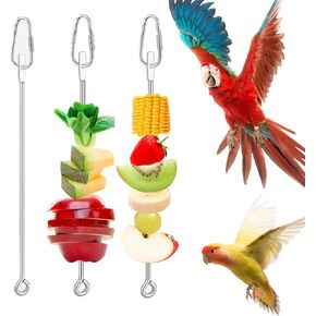 3-Piece Bird Cage Food Holder Parrot ， Stainless Steel Parrot Bird Food Rack, Feeding Toy, Twisted Suspension, Fruit Clip, Vegetable Stick, Fixing Tool, Anti Knock, Detachable