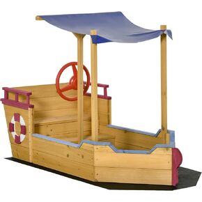 Outsunny Pirate Ship Sandbox with Cover and Rudder, Wooden Sandbox with Storage Bench and Seat, Outdoor Toy for Kids Ages 3-8 Years Old
