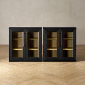 mopio Blake Storage Cabinet, Small Modular Accent Display Sideboard Buffet Cabinet with Storage, Media Console Credenza, for Kitchen, Coffee Bar, Pantry, Living Room (Black Oak Acrylic, Set of 2)
