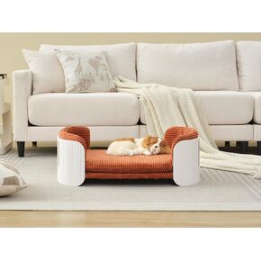 Scandinavian Style Cat Couch Bed with Removable Mattress Cover, Elevated Pet Sofa for Indoor Use, Modern Pet Furniture, White Brown