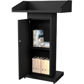 Portable Black Metal Lectern with Wheels | Foldable Podium Stand with Storage Compartment | Ideal for Home Offices, Webinars & Small Events