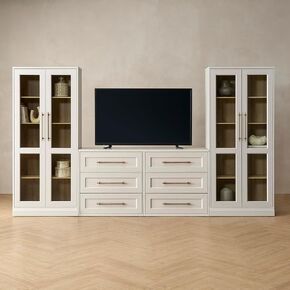 mopio Blake 4 Piece Entertainment Center with Storage, Modern Farmhouse Modular Storage Cabinet Dresser TV Stand for up to 65" TVs, Side Display Case (Black Oak, 4 Units + Hutch)