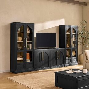 mopio Blake 4 Piece Entertainment Center with Storage, Modern Farmhouse Modular Storage Cabinet Dresser TV Stand for up to 65" TVs, Side Display Case (Black Oak, 4 Units + Hutch) in Saudi Arabia