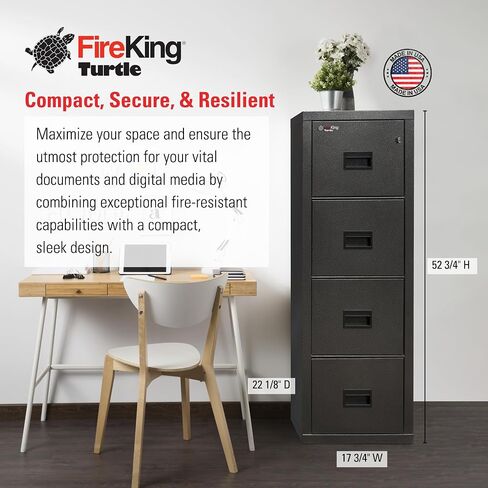 FireKing Turtle Vertical 4 Drawer Legal and Letter Fire Safe File Cabinet with Key Lock, 1 Hour Fire Rated, UL Rated & Water Resistant Home Safe, Filing Cabinet, Made in The USA, Black in Saudi Arabia