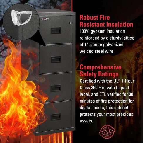 FireKing Turtle Vertical 4 Drawer Legal and Letter Fire Safe File Cabinet with Key Lock, 1 Hour Fire Rated, UL Rated & Water Resistant Home Safe, Filing Cabinet, Made in The USA, Black in Saudi Arabia