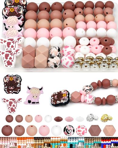 112pcs Fiveizero 12mm 15 مم حبات السيليكون البؤرية البؤرية لصنع سلسلة المفاتيح ، جولة ، العدس ، سداسي ، طباعة ، 10 مم رينستون روندل ، حبات السوار ، الحرف ، القلادة (اللون البني الوردي) in Saudi Arabia