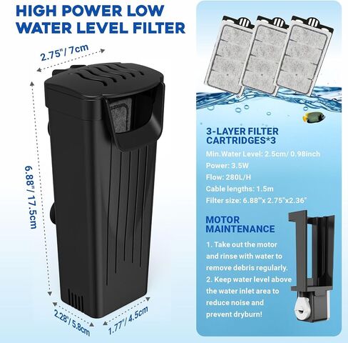 Turtle Tank Filter 74GPH, Low Water Level Turtle Tank 3.5W Fish Tank Aquarium Filters for Small Tanks up to 15 Gallons Include 3 Replacement Cartridges.(Black) in Kuwait