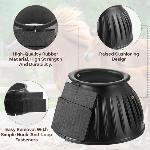 1 Pair Black Horse Bell Boots Protect, Double Lock Horse Care Boots, Rubber Horse Boot No-Rub Bell Boots for Horses Quick Wrap Hook & Loop for Shield Turnout Against Hoof Impact Trauma in Saudi Arabia