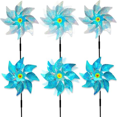 6 Pack Windmills for Yard,Reflective Pinwheels with Stakes,Pinwheels for Yard and Garden,Bird Deterrents for 0utside,Sparkly Windmills for Garden Decor Scare Birds Away (6 Pack Blue+Silvery) in Kuwait