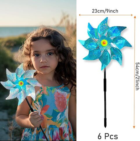 6 Pack Windmills for Yard,Reflective Pinwheels with Stakes,Pinwheels for Yard and Garden,Bird Deterrents for 0utside,Sparkly Windmills for Garden Decor Scare Birds Away (6 Pack Blue+Silvery) in Kuwait