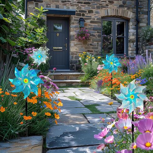 6 Pack Windmills for Yard,Reflective Pinwheels with Stakes,Pinwheels for Yard and Garden,Bird Deterrents for 0utside,Sparkly Windmills for Garden Decor Scare Birds Away (6 Pack Blue+Silvery) in Kuwait