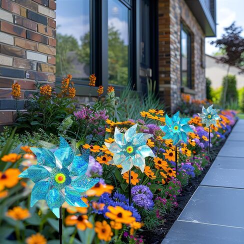 6 Pack Windmills for Yard,Reflective Pinwheels with Stakes,Pinwheels for Yard and Garden,Bird Deterrents for 0utside,Sparkly Windmills for Garden Decor Scare Birds Away (6 Pack Blue+Silvery) in Kuwait