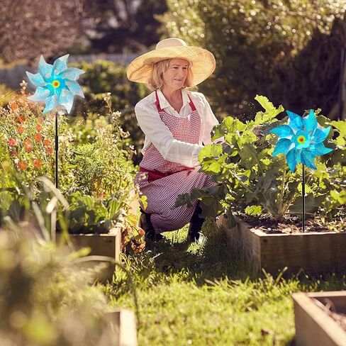 6 Pack Windmills for Yard,Reflective Pinwheels with Stakes,Pinwheels for Yard and Garden,Bird Deterrents for 0utside,Sparkly Windmills for Garden Decor Scare Birds Away (6 Pack Blue+Silvery) in Kuwait