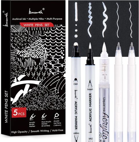 White Pens Set, 5 Pack, 1mm White Gel Pens, Dual-Tip Acrylic Paint Pen, Brush Tip Acrylic Markers for Black Paper Drawing, Sketching, Illustration, Card Making, Bullet Journaling in Kuwait