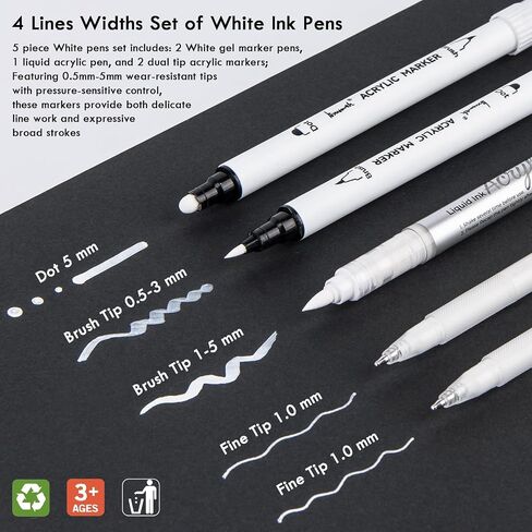 White Pens Set, 5 Pack, 1mm White Gel Pens, Dual-Tip Acrylic Paint Pen, Brush Tip Acrylic Markers for Black Paper Drawing, Sketching, Illustration, Card Making, Bullet Journaling in Kuwait