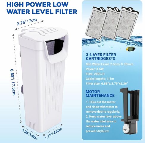 Turtle Tank Filter 74GPH, Low Water Level Turtle Tank 3.5W Fish Tank Aquarium Filters for Small Tanks up to 15 Gallons Include 3 Replacement Cartridges.(Black) in Kuwait