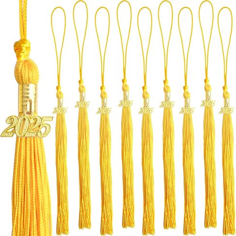 10pcs Yellow Graduation Tassels Grad Cap Decors with 10pcs Golden 2025 Year Charm Pendants for 2025 Graduates Graduation Hats Ceremonies Parties Decorations Souvenirs in Saudi Arabia