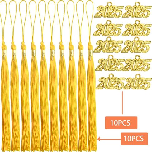 10pcs Yellow Graduation Tassels Grad Cap Decors with 10pcs Golden 2025 Year Charm Pendants for 2025 Graduates Graduation Hats Ceremonies Parties Decorations Souvenirs in Saudi Arabia