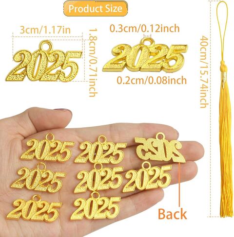 10pcs Yellow Graduation Tassels Grad Cap Decors with 10pcs Golden 2025 Year Charm Pendants for 2025 Graduates Graduation Hats Ceremonies Parties Decorations Souvenirs in Saudi Arabia