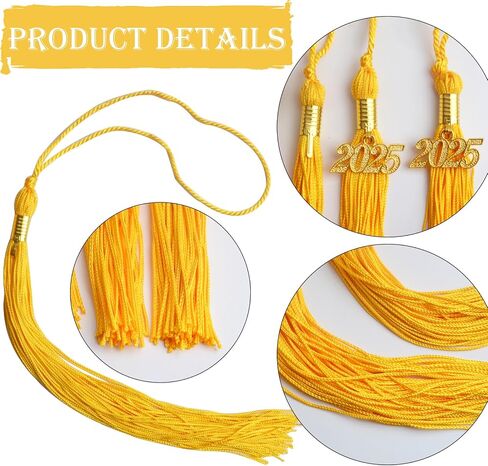 10pcs Yellow Graduation Tassels Grad Cap Decors with 10pcs Golden 2025 Year Charm Pendants for 2025 Graduates Graduation Hats Ceremonies Parties Decorations Souvenirs in Saudi Arabia