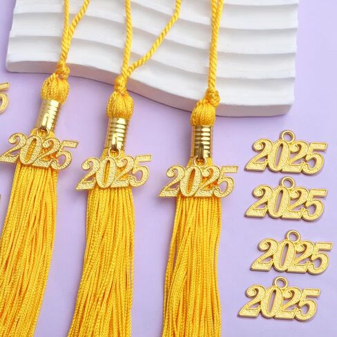 10pcs Yellow Graduation Tassels Grad Cap Decors with 10pcs Golden 2025 Year Charm Pendants for 2025 Graduates Graduation Hats Ceremonies Parties Decorations Souvenirs in Saudi Arabia