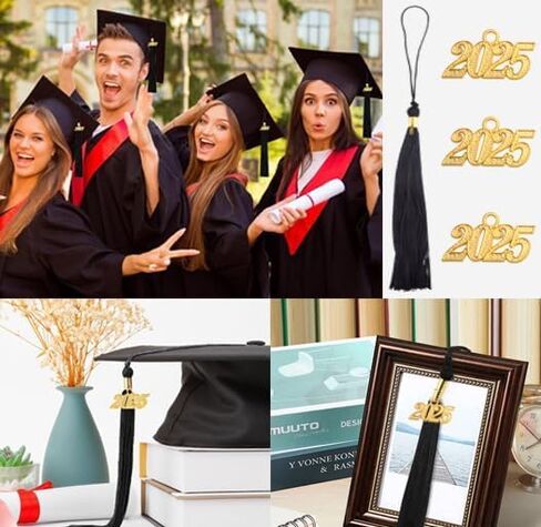 10pcs Yellow Graduation Tassels Grad Cap Decors with 10pcs Golden 2025 Year Charm Pendants for 2025 Graduates Graduation Hats Ceremonies Parties Decorations Souvenirs in Saudi Arabia