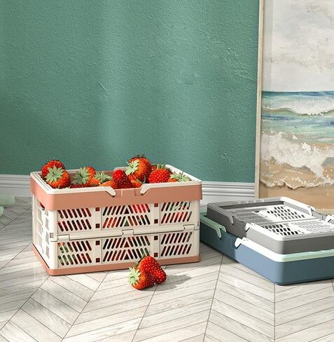 Domiella 2-Pack Foldable Storage Baskets, Collapsible PP Crates with Handles - 20L Capacity, Strong and Portable for Home Organization, Picnic and Shopping, Blue + Pink in Kuwait