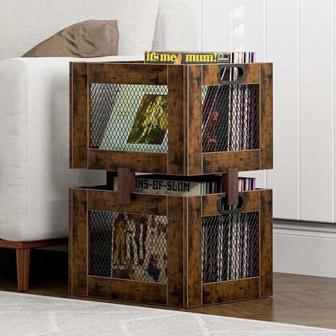 Temi Vinyl Record Storage Crate-حامل سجل خشبي كبير لـ 70+ ألبوم-منظم تسجيلات على الطراز الصناعي وحل تخزين السجلات المتينة للمنزل أو الاستوديو ، من السهل التجميع in Saudi Arabia