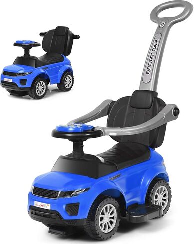 Costzon 3 in 1 Ride On Push Car ، عربة مرقعة للقرن والموسيقى والضوء وتحت تخزين المقعد ومقبض الوالدين ومسند الذراعين وركوب لعبة للأولاد والبنات (الأزرق) in Kuwait
