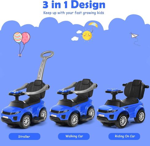 Costzon 3 in 1 Ride On Push Car ، عربة مرقعة للقرن والموسيقى والضوء وتحت تخزين المقعد ومقبض الوالدين ومسند الذراعين وركوب لعبة للأولاد والبنات (الأزرق) in Kuwait