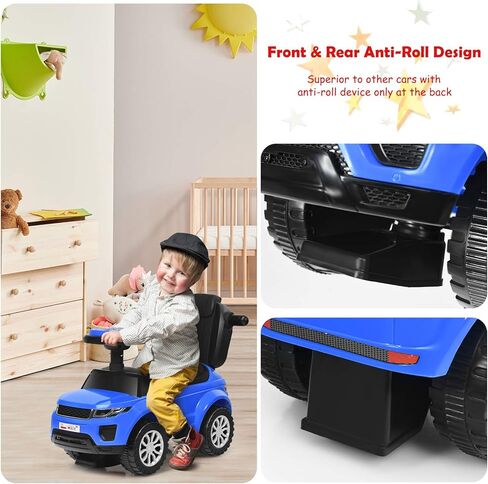 Costzon 3 in 1 Ride On Push Car ، عربة مرقعة للقرن والموسيقى والضوء وتحت تخزين المقعد ومقبض الوالدين ومسند الذراعين وركوب لعبة للأولاد والبنات (الأزرق) in Kuwait