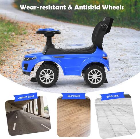 Costzon 3 in 1 Ride On Push Car ، عربة مرقعة للقرن والموسيقى والضوء وتحت تخزين المقعد ومقبض الوالدين ومسند الذراعين وركوب لعبة للأولاد والبنات (الأزرق) in Kuwait