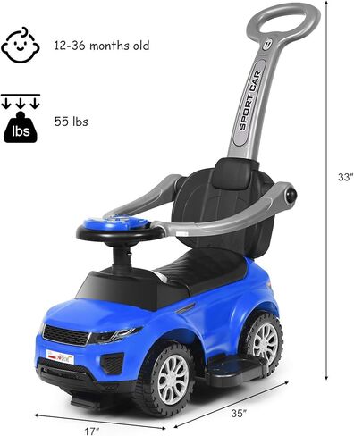 Costzon 3 in 1 Ride On Push Car ، عربة مرقعة للقرن والموسيقى والضوء وتحت تخزين المقعد ومقبض الوالدين ومسند الذراعين وركوب لعبة للأولاد والبنات (الأزرق) in Kuwait