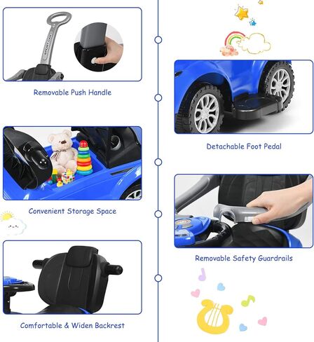 Costzon 3 in 1 Ride On Push Car ، عربة مرقعة للقرن والموسيقى والضوء وتحت تخزين المقعد ومقبض الوالدين ومسند الذراعين وركوب لعبة للأولاد والبنات (الأزرق) in Kuwait