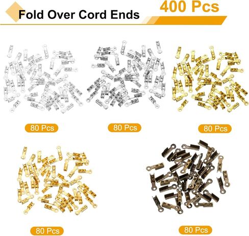 uxcell 400 pcs طية فوق نهايات الحبل ، 10.2x2.5mm crimp cript cap ، نصائح المشابك لصنع الحرف الجلدية DIY (5 ألوان) in Saudi Arabia