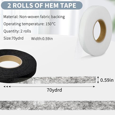 140 Yards Iron On Hem Tape, 2 Rolls x 0.59" - No Sew Hemming Tape for Pants/Clothes/Curtains, Iron Hem Tape with Strong Adhesive (Black & White) in Kuwait