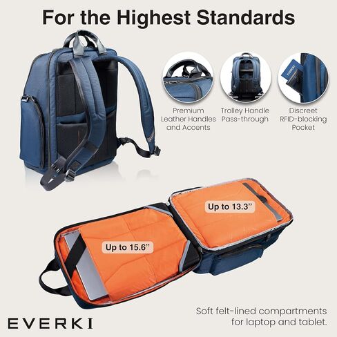 حقيبة الكمبيوتر المحمولة من Everki Onyx Premium Business Business Propive - حقيبة كمبيوتر محمولة من النايلون والمكاتب الجلدية ، Bagpack Friending Office ، مقصورة مخصصة تصل إلى 15.6 بوصة (EKP132N) ، البحرية in Kuwait
