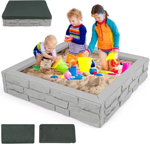 عسل فرحة 12.5 "صندوق رمل الأطفال مع غطاء ، 48 × 48 بوصة حفرة HDPE كبيرة للبناء الخلفي ، 4 مقاعد الزاوية وبطانة أسفل ، حماية الرمال ، جميع صناديق الرمل المقاومة للطقس للأطفال في الهواء الطلق (القهوة) in Kuwait