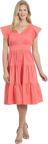 London Times Women's Cotton Poplin V-Neck Tiered Feminine Easy Summer Vacation Dress in Saudi Arabia