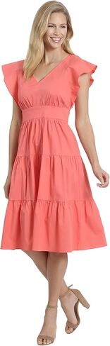 London Times Women's Cotton Poplin V-Neck Tiered Feminine Easy Summer Vacation Dress in Saudi Arabia